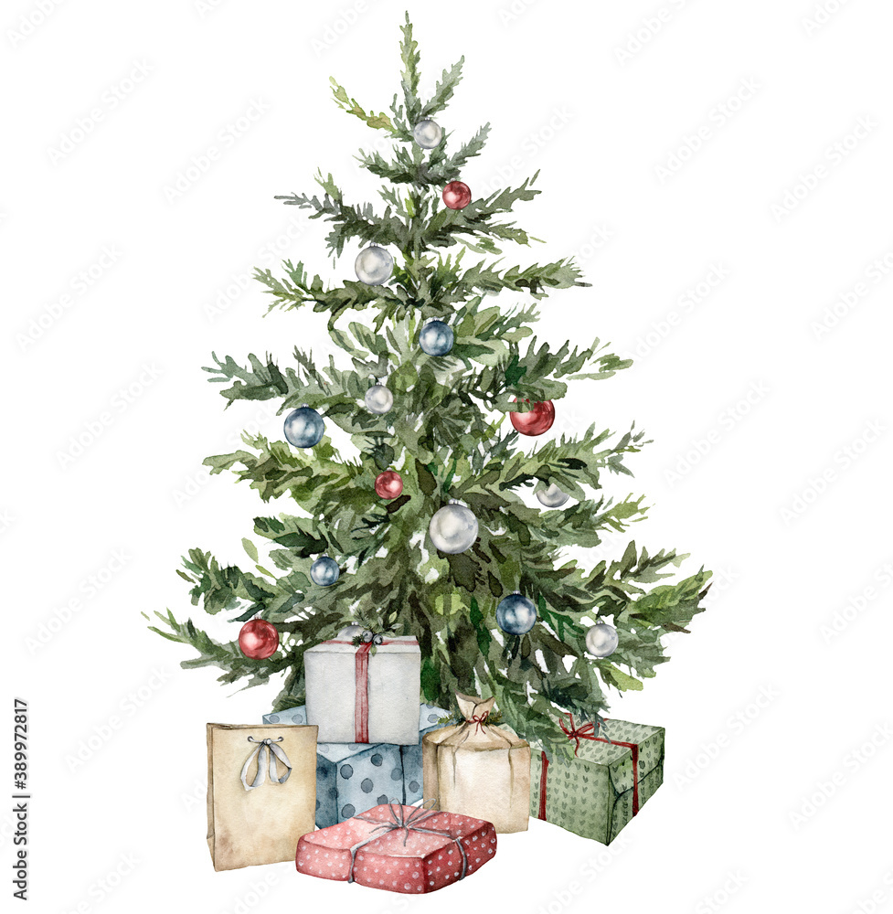 Watercolor Christmas tree with gift boxes and toys. Hand painted New Year tree with Christmas ball isolated on white background. Holiday illustration for design, print, fabric or background. Watercolor Christmas tree with gift boxes and toys. Hand painted New Year tree with Christmas ball isolated on white background. Holiday illustration for design, print, fabric or background.
