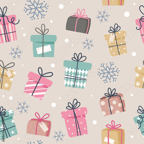 Christmas seamless pattern with gifts and snowflakes, vector illustration in flat style