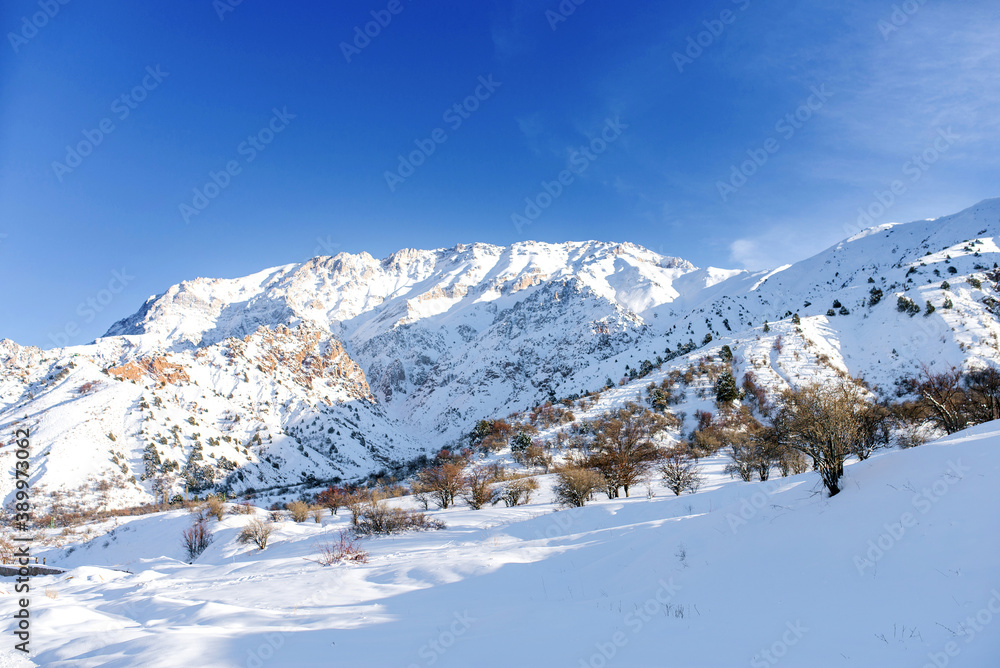 Winter snow-covered mountain Chimgan in Uzbekistan. Tien Shan mountains
