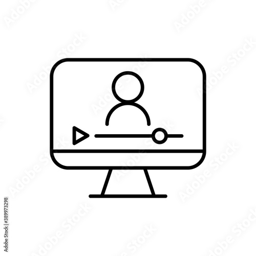 Online lesson icon. Video training symbol. Linear vector icon. Person talking in screen.