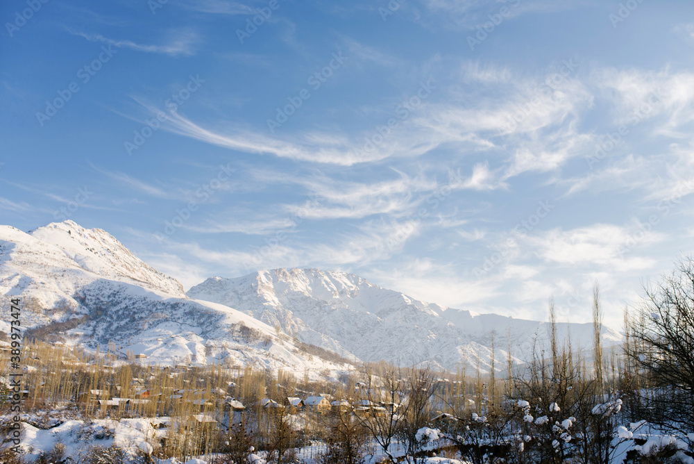 Amazing winter landscape of mountains in Uzbekistan in winter. tien shan