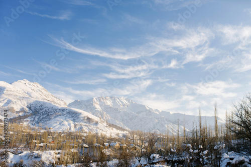 Amazing winter landscape of mountains in Uzbekistan in winter. tien shan