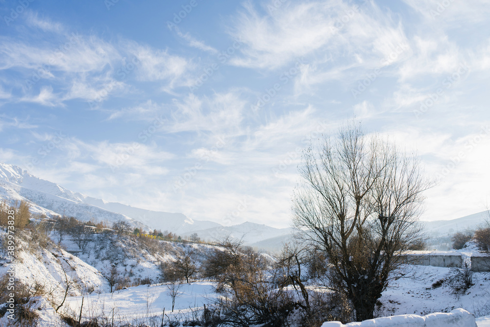 The Tien Shan mountain system in winter on a frosty Sunny day. Beautiful winter landscape with snow The Tien Shan mountain system in winter on a frosty Sunny day. Beautiful winter landscape with snow