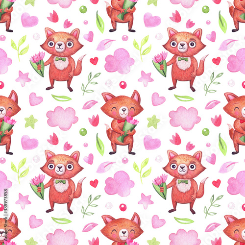 Watercolor pattern with cute foxes for the holidays  valentine s day  birthday. Background for party attributes
