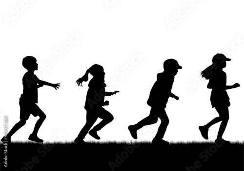 Children silhouettes running. Black silhouettes.