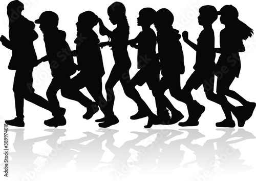 Children silhouettes running.  Black silhouettes.