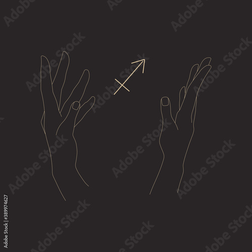 Hands hold sagittarius zodiac glyph. Gesture shows astrological symbol. Isolated outline abstract composition on black. Vector illustration for your horoscope, logo, icon, tattoo. Modern witch concept