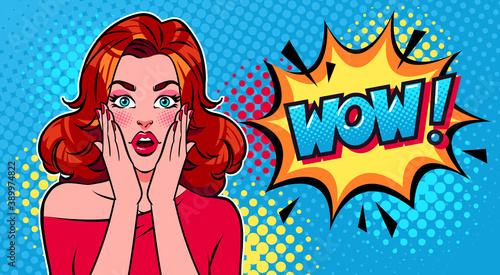 Woman with surprised expression and WOW speech bubble. Pop art vector retro illustration.