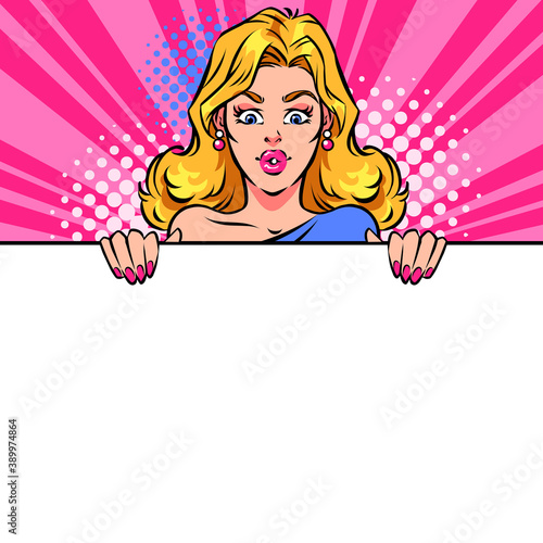 Surprised woman behind white blank banner. Pop art vector illustration.