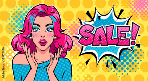Surprised woman with open mouth, pink hair and SALE speech bubble. Advertising poster for discount. Pop art vector retro illustration.