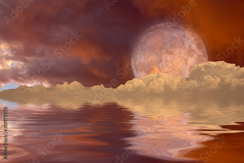 Red moon rising over surreal water world. 3D rendering © rolffimages