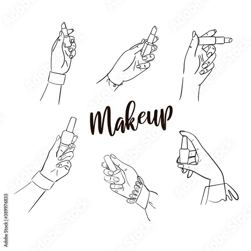 Contour of a woman's hand with nail polish and lipstick. Hand-drawn vector set on a white background.