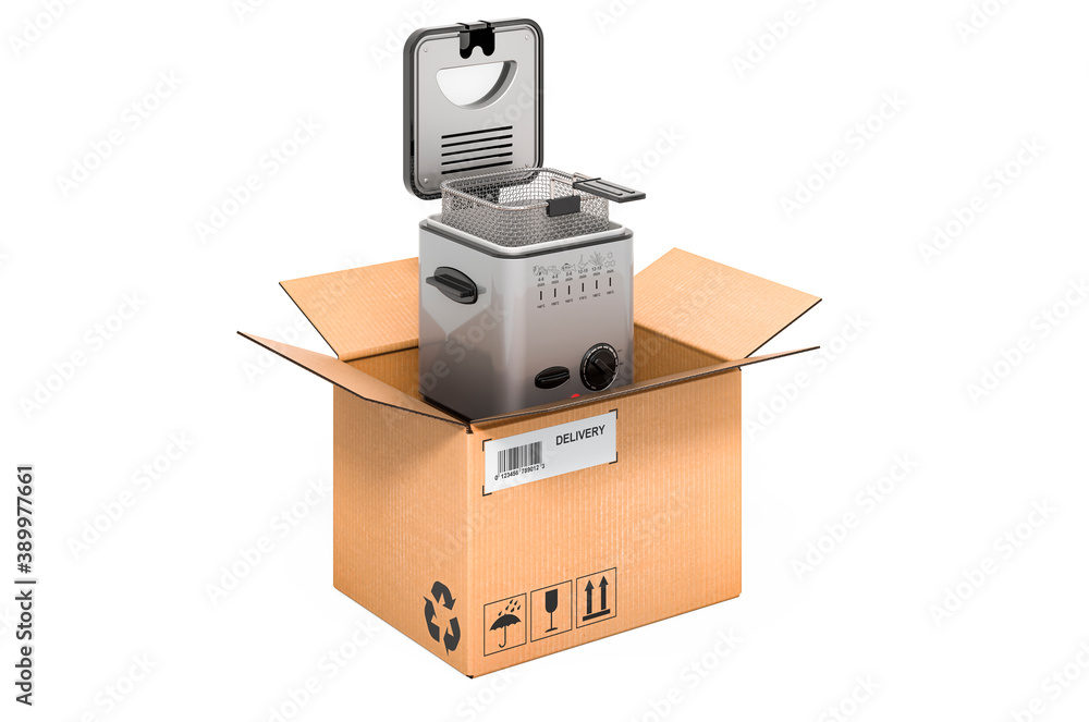 Deep fryer inside cardboard box, delivery concept. 3D rendering Deep fryer inside cardboard box, delivery concept. 3D rendering