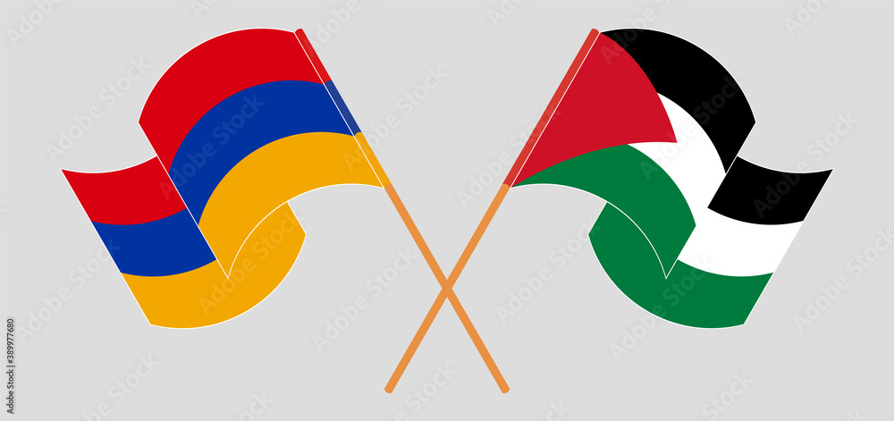Crossed and waving flags of Palestine and Armenia Crossed and waving flags of Palestine and Armenia