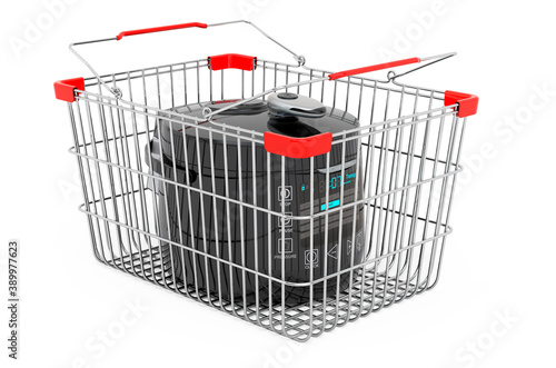 Automatic multicooker inside shopping basket, 3D rendering