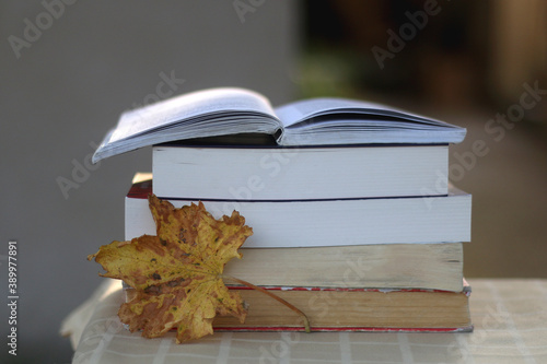 Stack of books and fallen autumn leaf. Selective focus.