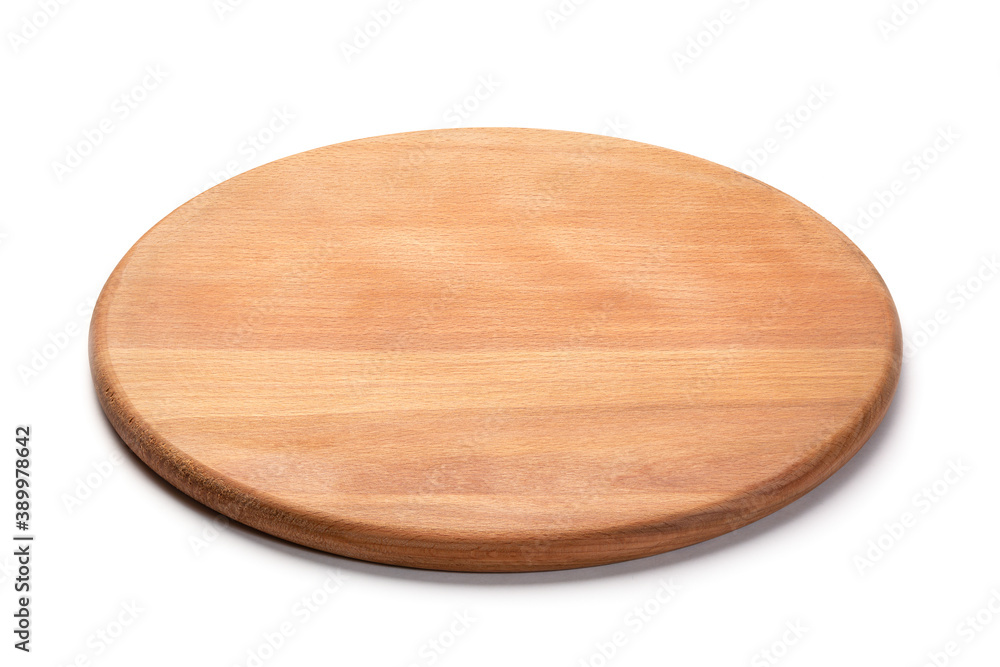 Round wooden cutting board for pizza isolated on white background. Full depth of field. Mockup for food project. Round wooden cutting board for pizza isolated on white background. Full depth of field. Mockup for food project.