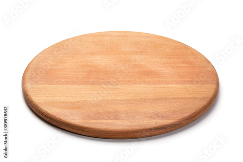 Round wooden cutting board for pizza isolated on white background. Full depth of field. Mockup for food project.