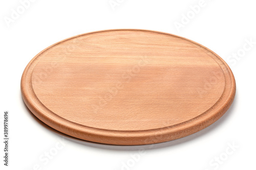 Round wooden cutting board for pizza isolated on white background. Full depth of field. Mockup for food project.