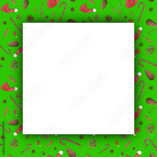 3D illustration of greeting card with a seamless frame with red Santa Clause hats, Christmas tree fir branches, anise star, cinnamon stick, candy cane and cone for New year presents on the green
