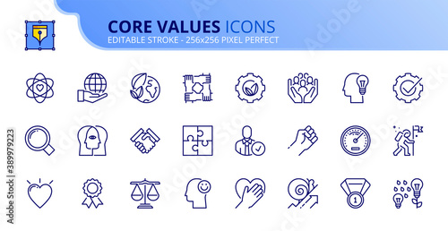 Simple set of outline icons about core values. Business concepts