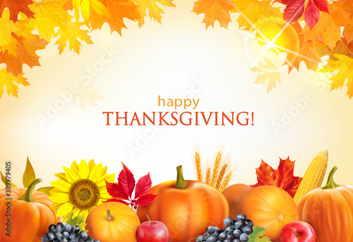 Thanksgiving Day background with pumpkins, sunflower, wheat ears and leaves. Vector illustration.