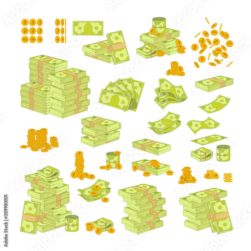 Set Various Kind of Money on White Background. Packing and Piles of Dollar Banknotes, Fan of Paper Bills. Gold Coins