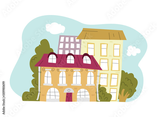 Vector composition of architectural structures and houses. Concept architecture, construction, historical buildings, old cities. You can use it as separate elements or whole in web design, banners etc