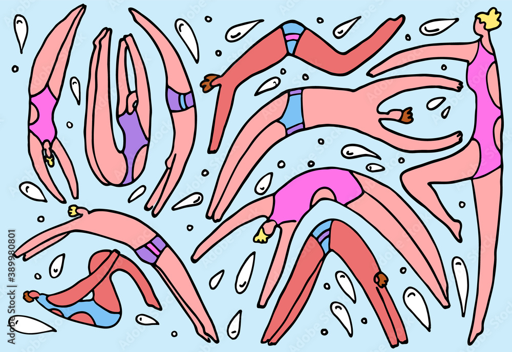 Obraz premium Vector illustration with doodles on theme of diving. Athletes, swimmers are depicted in jump. They are surrounded by abstract drops. Concept competitions, Olympic games in water sports.