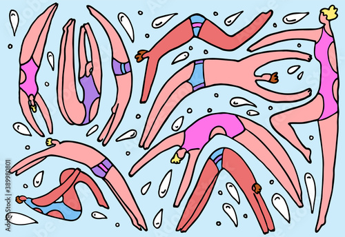 Vector illustration with doodles on theme of diving. Athletes, swimmers are depicted in jump. They are surrounded by abstract drops. Concept competitions, Olympic games in water sports. 