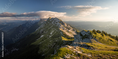 Panoramic view of vercors mountain range with clouds and sunset in summer