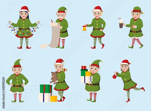 Set of christmas elves in different poses. Christmas character.Vector illustration isolated on white background.