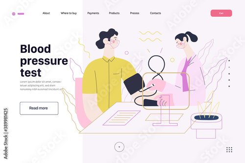 Medical tests template - blood pressure test - modern flat vector concept digital illustration of blood pressure measurement procedure - a patient and doctor with a meter, medical office or laboratory