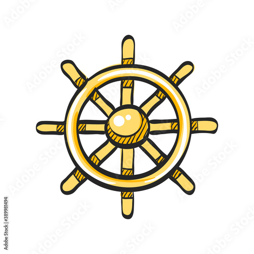 Ship steer wheel icon in color drawing. Transportation sea navigate