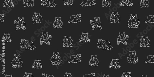 Seamless pattern with chalk on blackboard effect. Gray background and white lines of bears