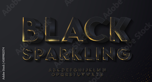 3D black sparkling font with shadow.  Modern festive alphabet set for luxury poster, banner, card, invitation. Realistic shiny characters. Vector 3d illustration. 