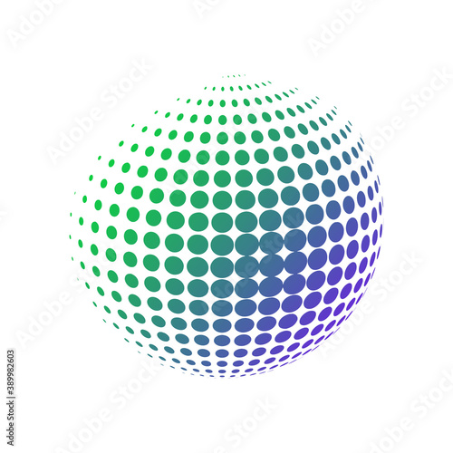 Geometric sphere made of dots with a gradient green blue colors. Halftone vector illustration. 3D ball in a modern minimalistic style