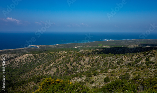 Cedar-covered hills on the Mediterranean coast on the island of Cyprus.