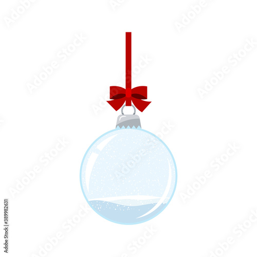 Christmas ball with falling snow isolated on white background. Empty hanging on red ribbon with bow crystal snow ball bauble. Vector flat cartoon style holiday illustration.