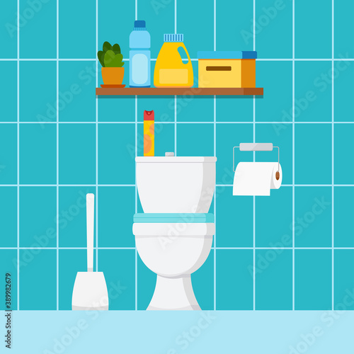 Toilet home room interior with plumbing. WC house or hotel room design with toilet bowl, toilet paper, brush, shelf with cleaning products, air freshener. Vector flat design cartoon style illustration