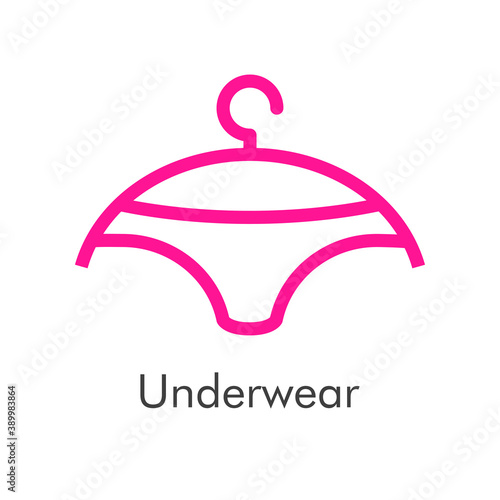 Boutique de lenceria. Logotipo con texto Underwear y bragas en percha en líneas de color rosa