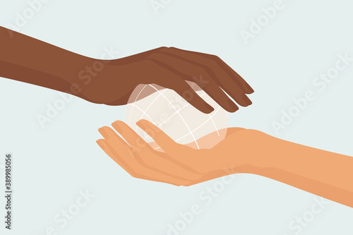Two female hands, black and white, holding small globe, sharing the wealth of the earth. Beloved community illustration.