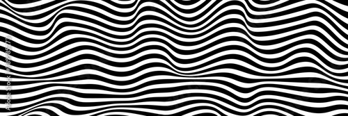 Simple wavy background. Vector illustration of striped pattern with optical illusion, op art. Long horizontal banner © Anna