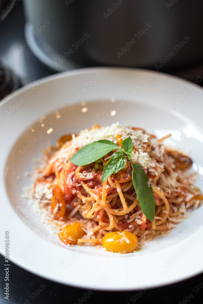 Spaghetti Pasta with Roasted Tomato Sauce and Fresh Basil