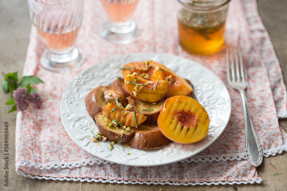 Brioche French Toast with Grilled Peaches and Pistachios