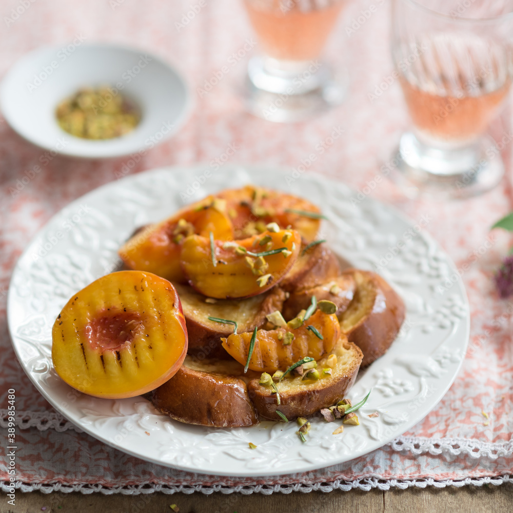 Brioche French Toast with Grilled Peaches and Pistachios