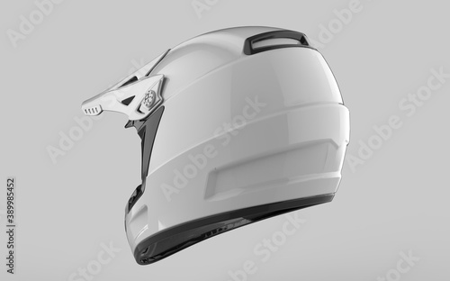Sport Motorcycle Full face Helmet. back view. Sport equipment. Black matte color. 3D render Illustration Isolated on white background.
