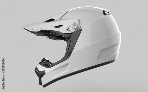 Sport Motorcycle Full face Helmet. Side view. Sport equipment. Black matte color. 3D render Illustration Isolated on white background.