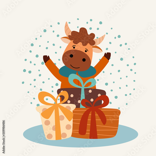 The cute bull is happy with the gifts. Symbol of 2021. Greeting card for the New Year. Vector illustration.