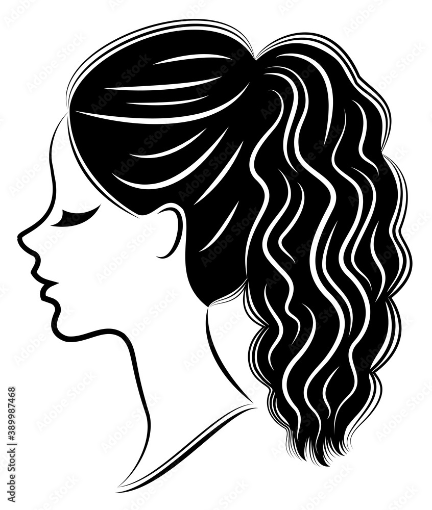 Silhouette of a profile of a sweet lady's head. A girl shows a female tail-hairstyle on medium and long hair. Suitable for logo, advertising. Vector illustration. Silhouette of a profile of a sweet lady's head. A girl shows a female tail-hairstyle on medium and long hair. Suitable for logo, advertising. Vector illustration.